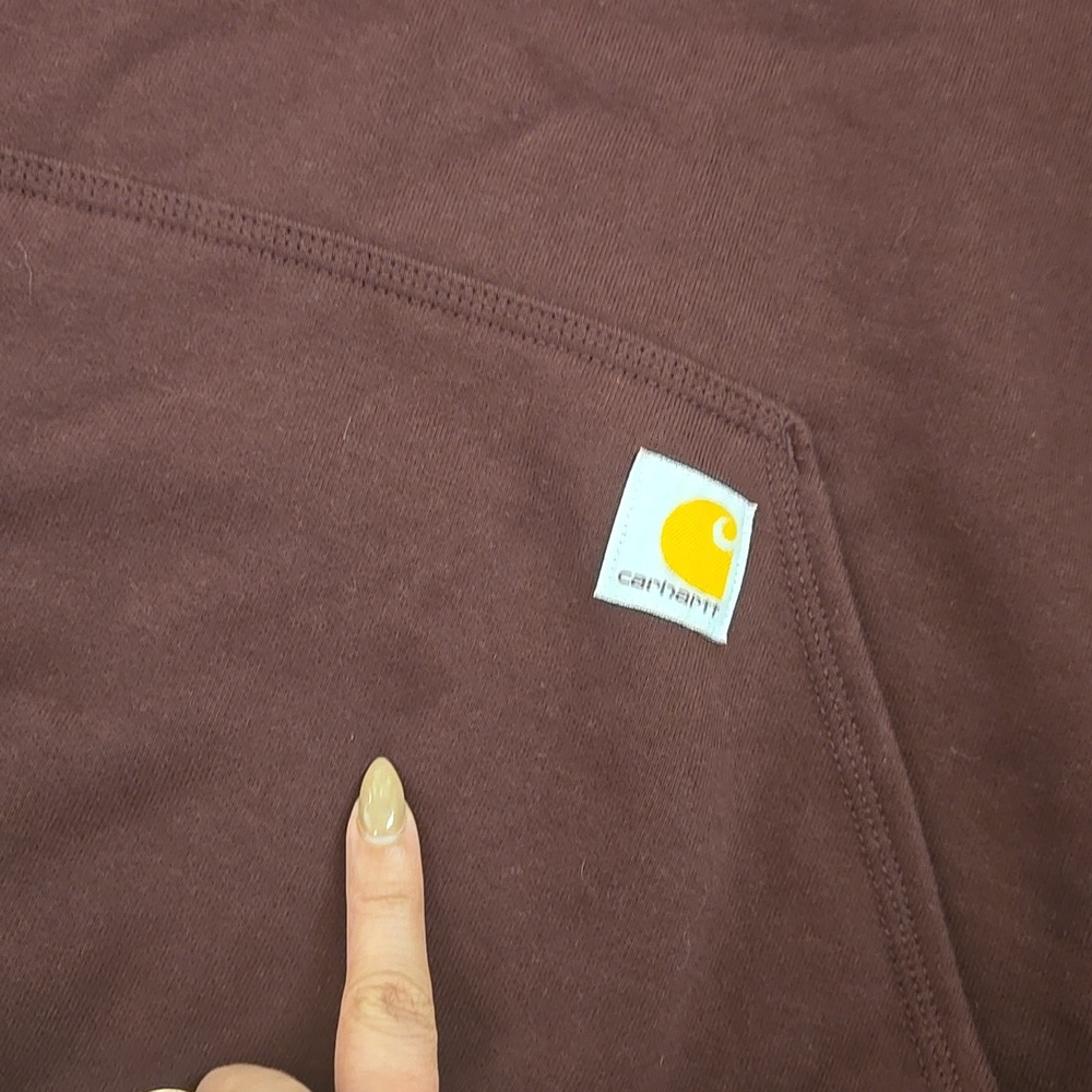 Carhartt Maroon Loose Fit Hoodie Sweatshirt Logo Sleeve Workwear Streetwear - Picture 2 of 7